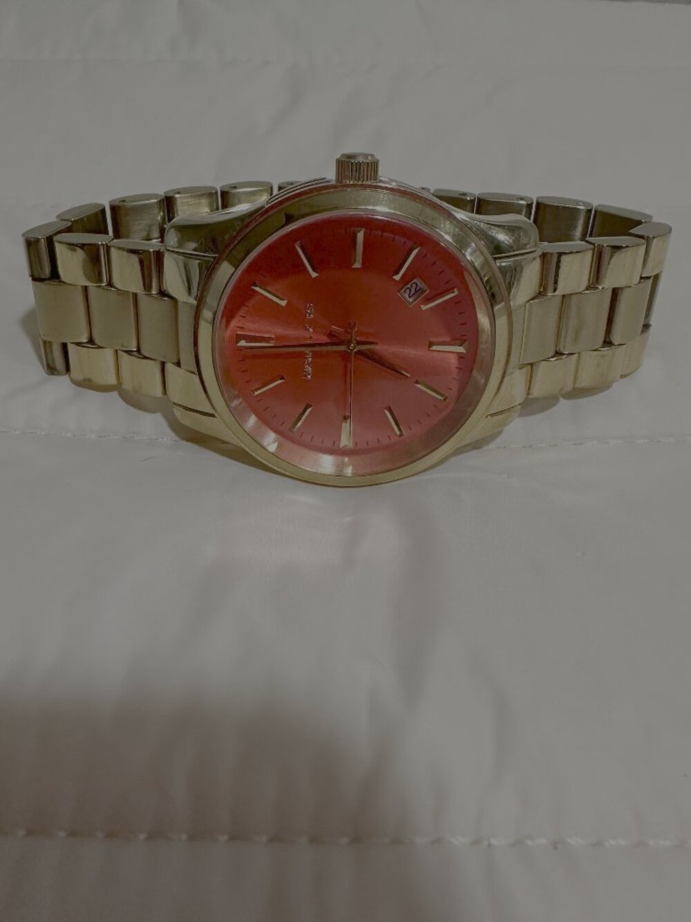 Michael Kors MK5975 Gold Tone Watch Coral Orange Dial Oversized Bracelet Watch